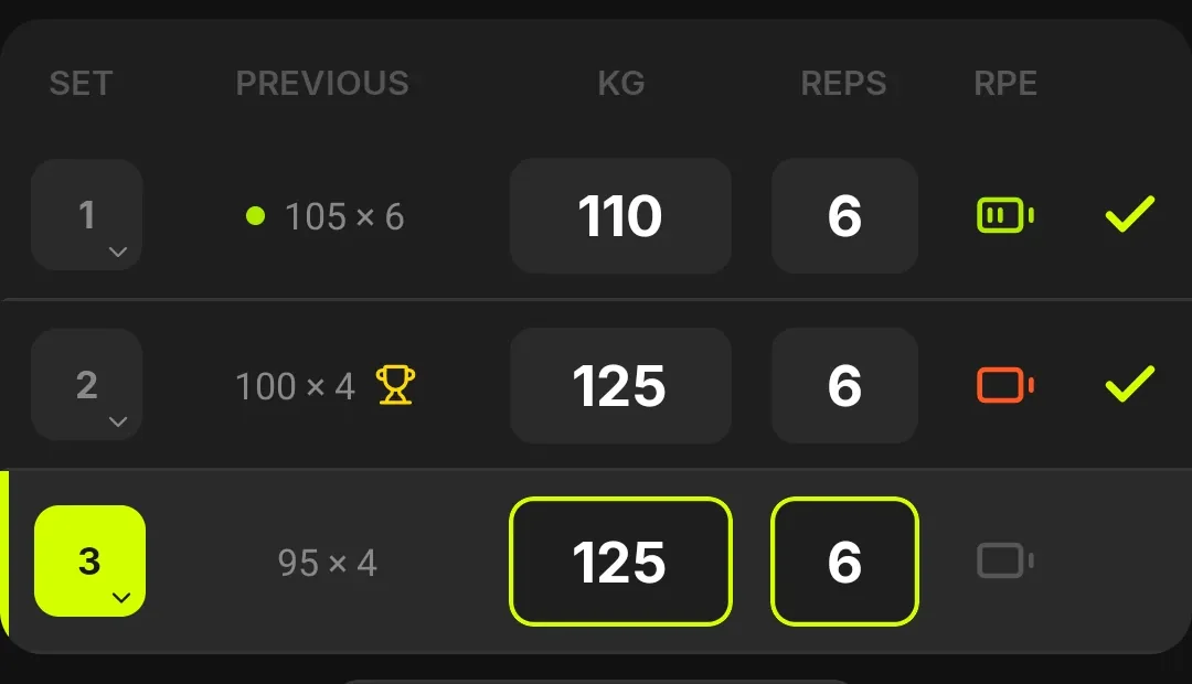 Set rows with last session's numbers beside each set